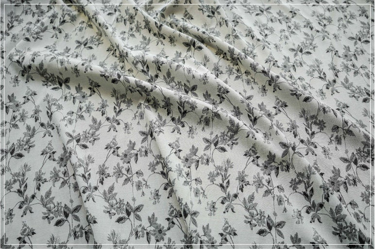 Floral Jacquard Fabric: Black & White Embossed Woven, 43"W - By The Meter