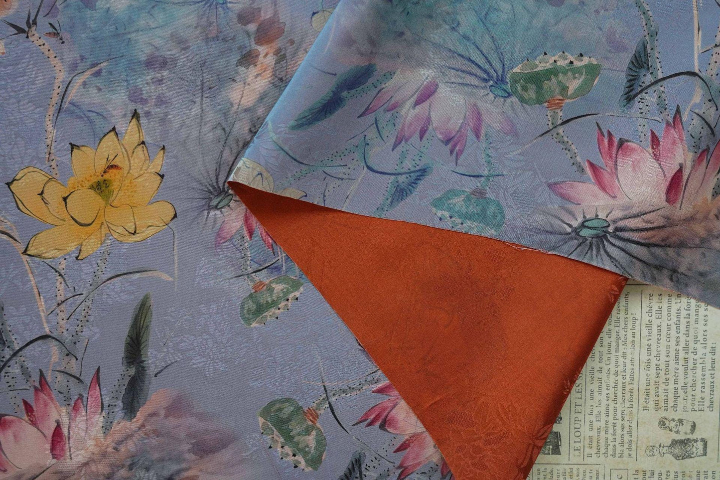 Lotus Flower Tea Silk Satin Fabric: Digital Print, 55" Wide