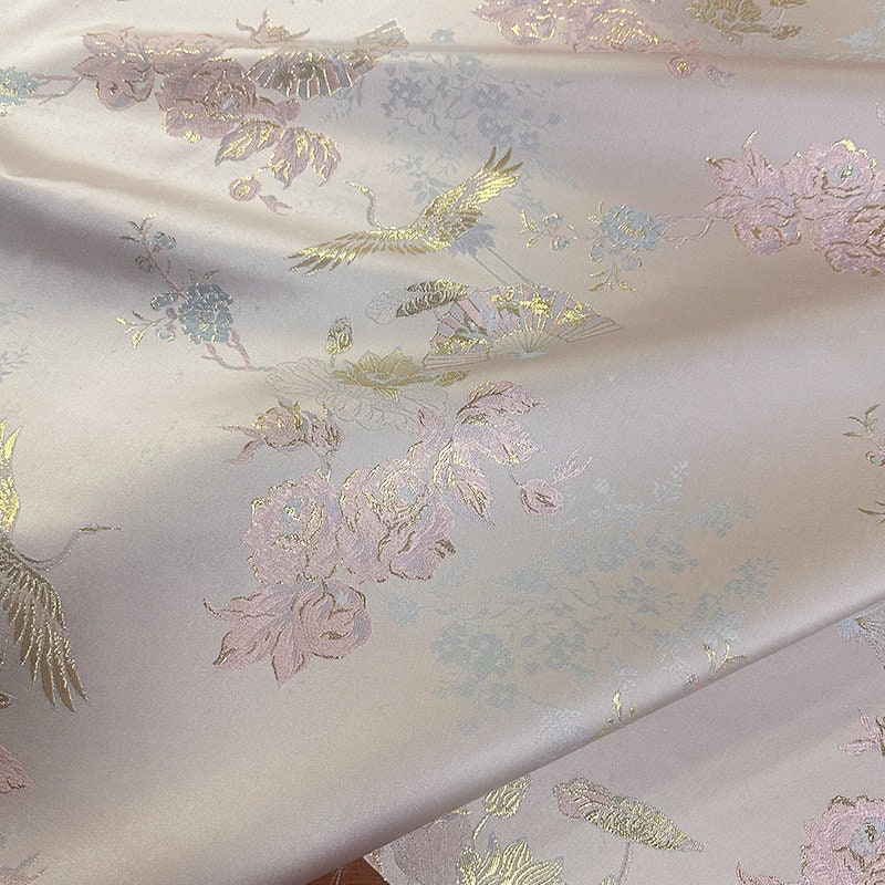 Gold Crane Brocade Fabric: 55"W Jacquard Rayon Sewing Material