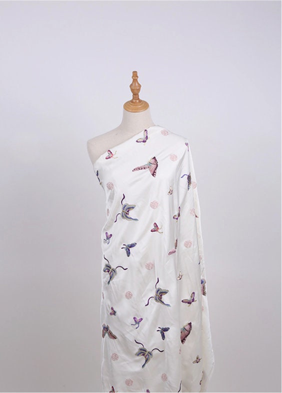 Butterfly Embroidery Satin Fabric - Cheongsam Dress Material (49"W)
