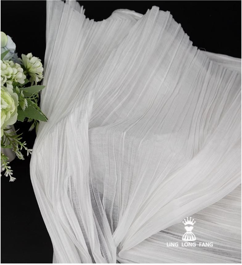 White Textured Pleated Fabric: Lightweight 3D Dress Material - 59" Wide
