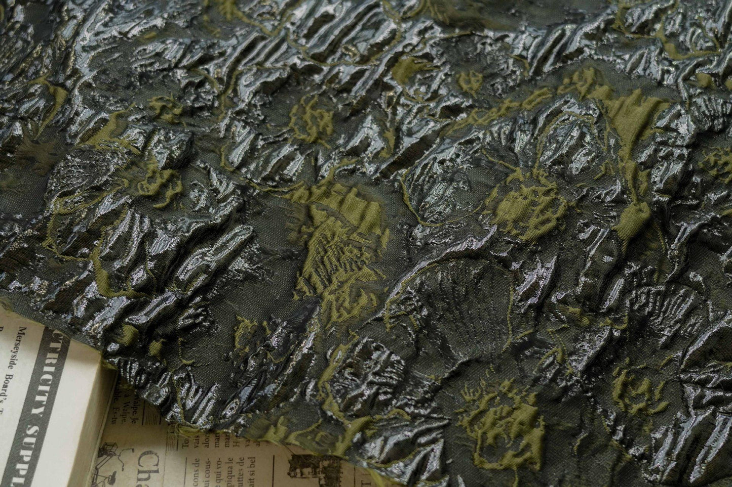 Dark Green Jacquard Fabric, Gold Thread 3D Embossed Texture, 55" Wide