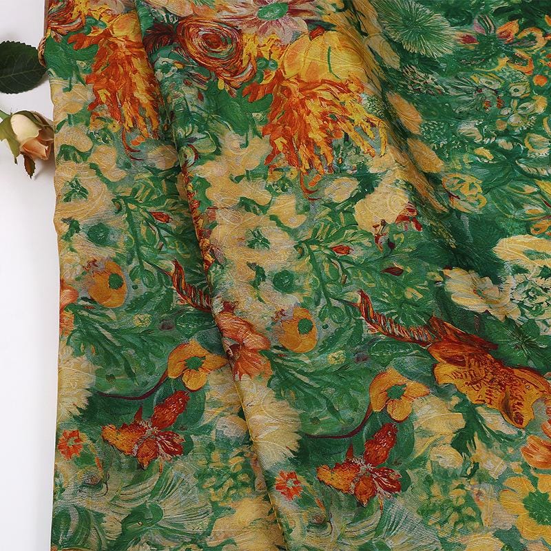 Oil Painting Style Floral Print Shiny Rayon Jacquard Fabric by the Yard, 59" Wide