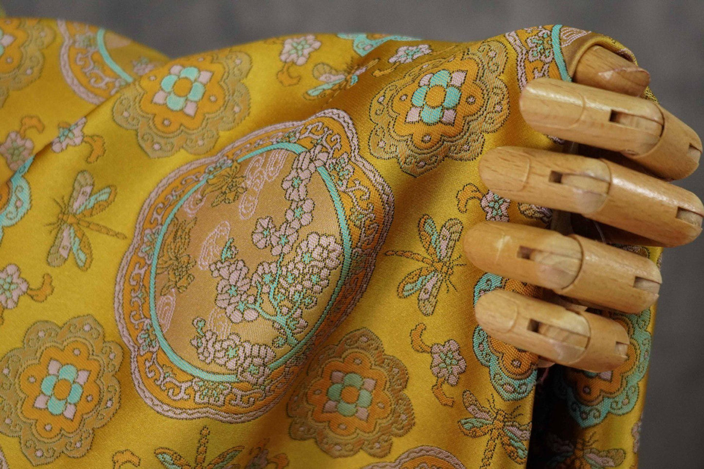 Tibetan Brocade Fabric by the Yard | Rayon Satin with Lotus Flower Embroidery | 58" Wide