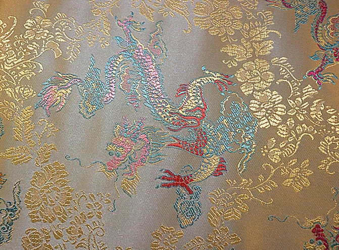 Dragon Brocade Fabric: Colorful Jacquard Satin, Home Decor (35"W)