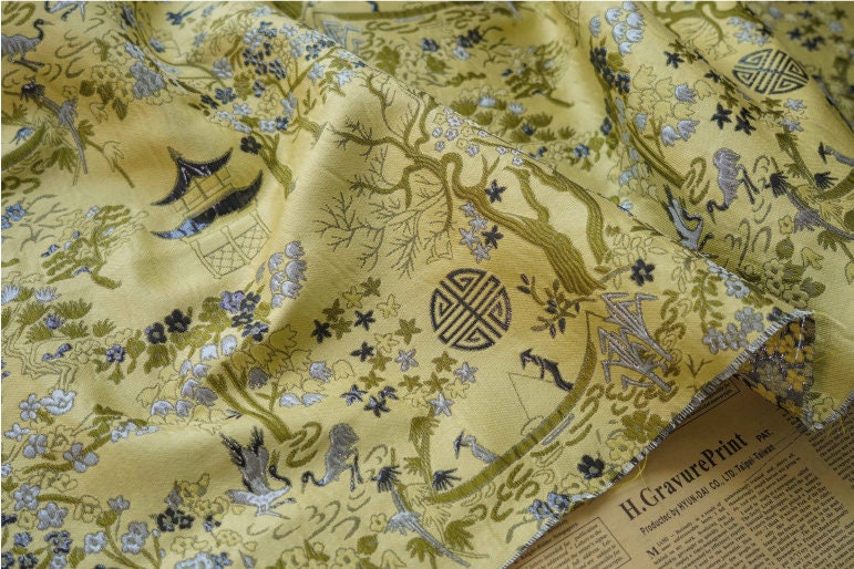 Ancient Chinese Jacquard Fabric: 59"W Upholstery, Costume, Decor