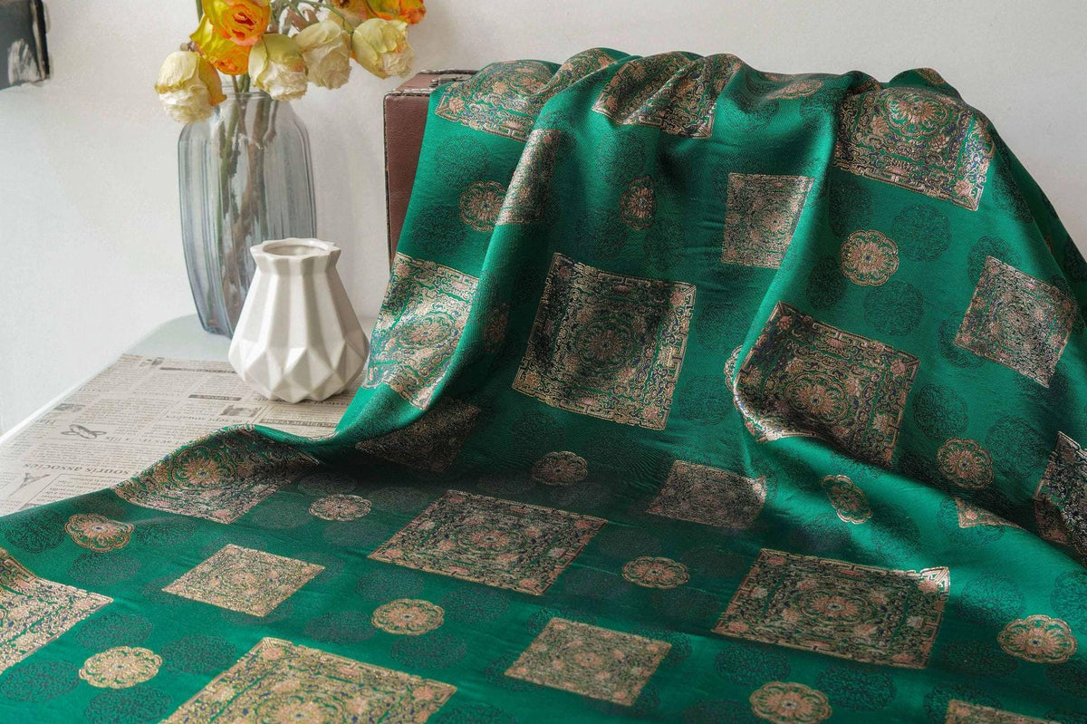 Song Brocade Fabric: 63"W Silk Rayon Blend, Tibetan Style - Poppylollipop