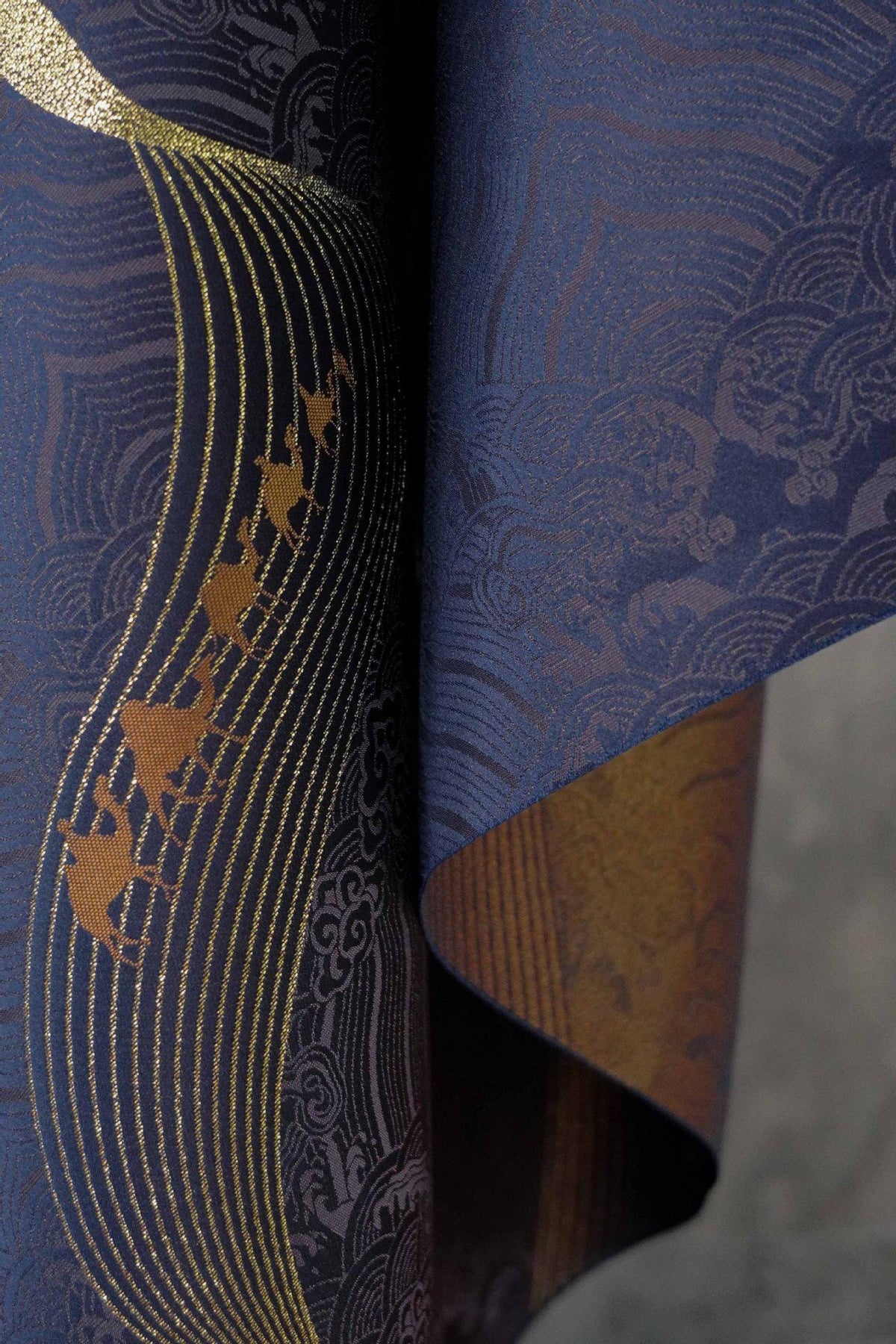 Dark Purple Jacquard Fabric: Golden Wave Pattern, Luxury Upholstery - 65"W - Poppylollipop