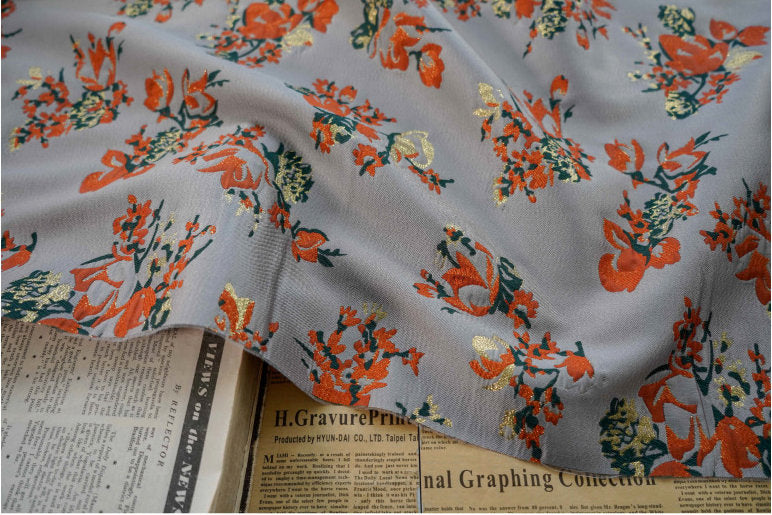 Gold Thread Jacquard Fabric: 3D Oil Painting Texture, Orange Floral (57"W)