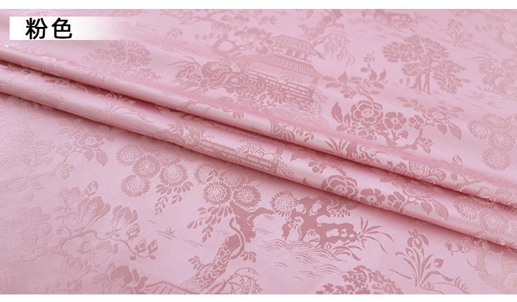 Tissu brocart Willow Pavilion : mélange de soie de 150 cm, motif paysage printanier