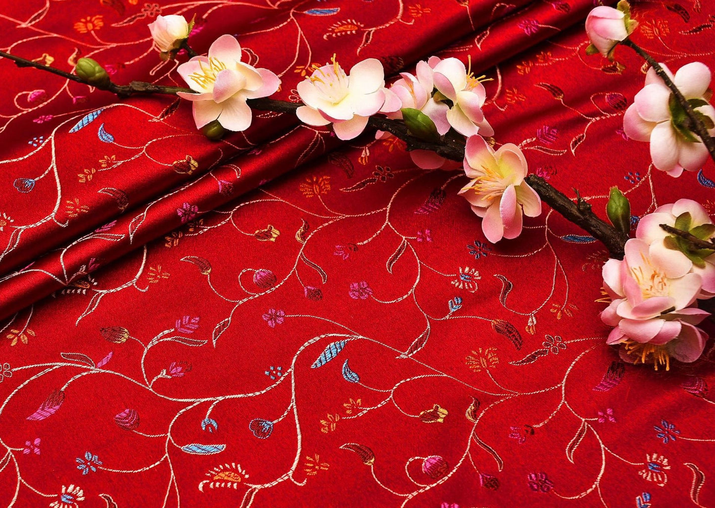 Floral Brocade Fabric: Red, Black & Navy Pepper Flower Jacquard (By The Meter)