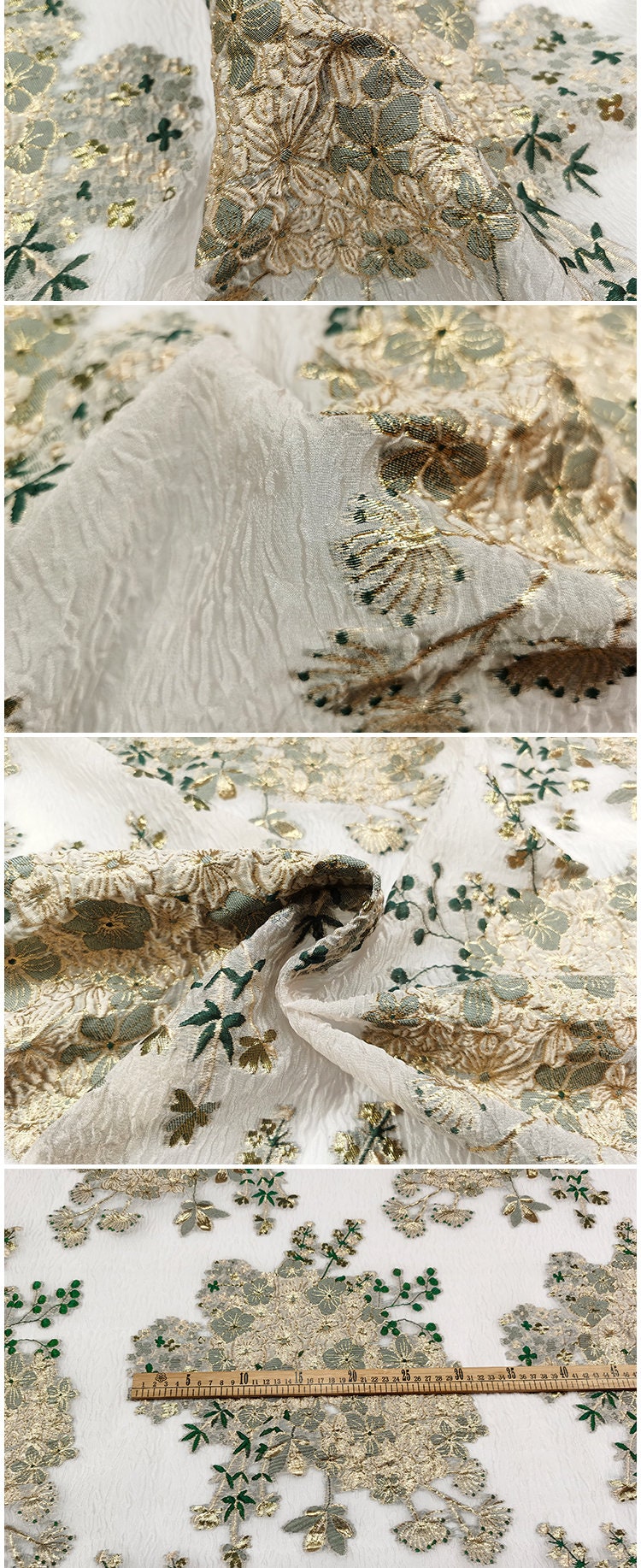 Floral Organza Jacquard Fabric: Gold Thread, 54" Wide, By The Yard