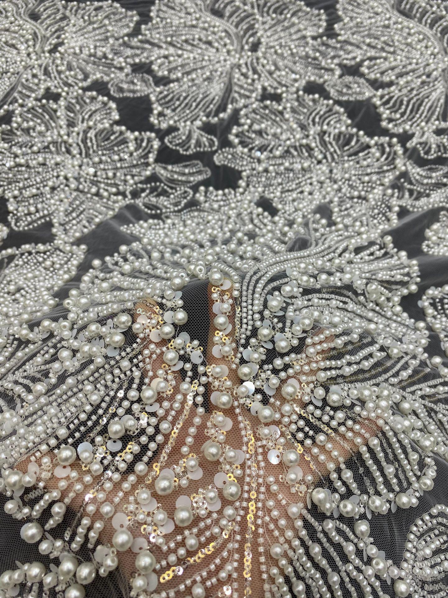 Luxury Pearl Sequin Embroidered Fabric ��� Bridal Wedding Dress, Evening Gown & Couture Fashion Textile, Wedding dress fabr"Wide