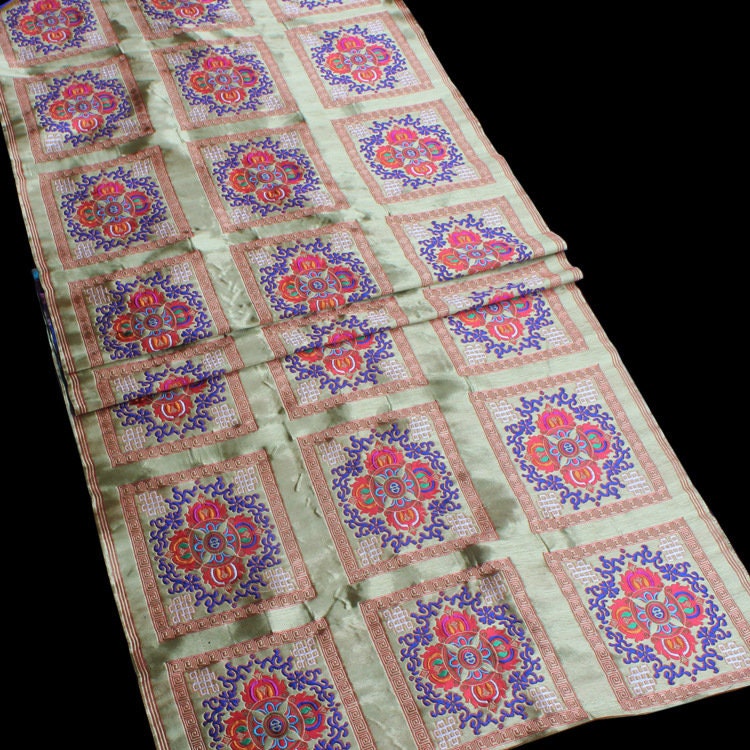 29"W Vintage Tibetan Brocade Fabric: Silk Satin Upholstery Textile