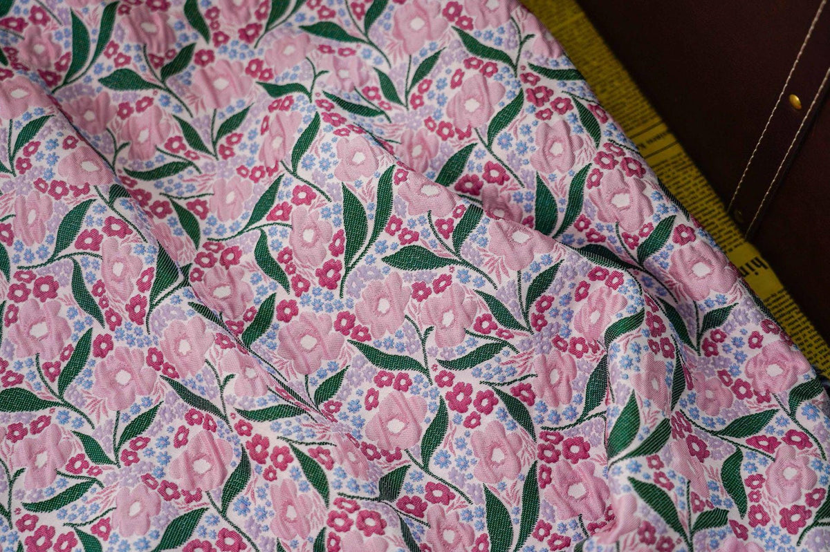 Pink Flower Jacquard Fabric: Embossed 3D Floral Design, 55" Wide - Poppylollipop