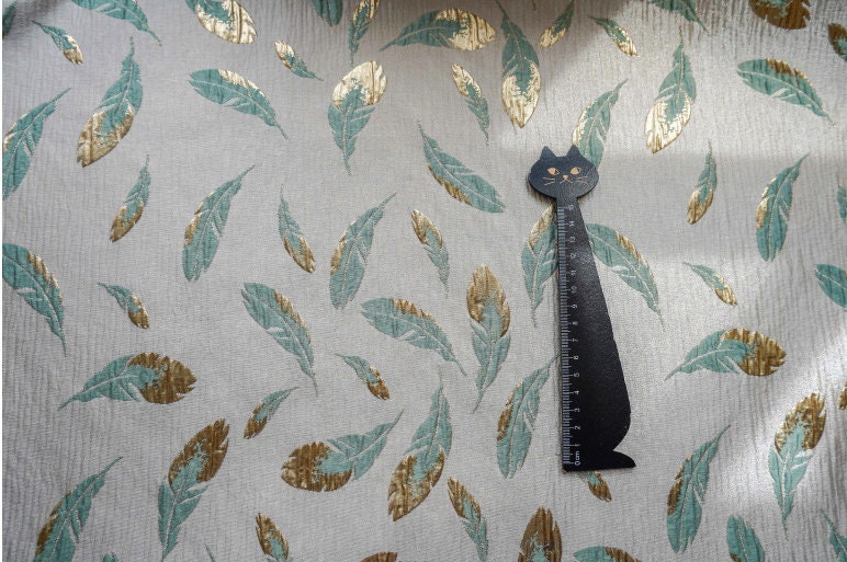 Gold Thread Jacquard Fabric: 3D Feather Design, 56" Wide