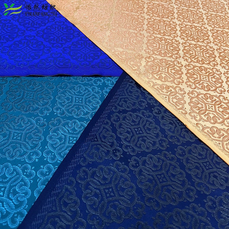 Blue Silk Brocade Fabric: Mongolian Tibetan Style, 29.5"W, Rayon