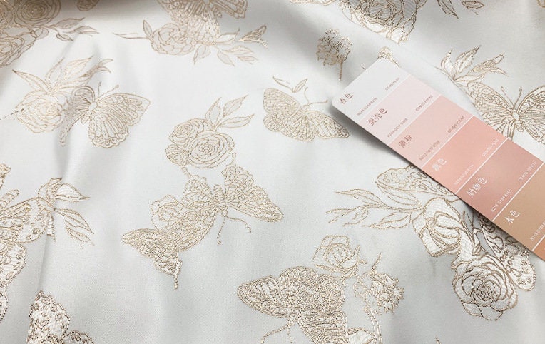 Gold Butterfly Jacquard Fabric: 59"W Beige Rayon Dress Fabric