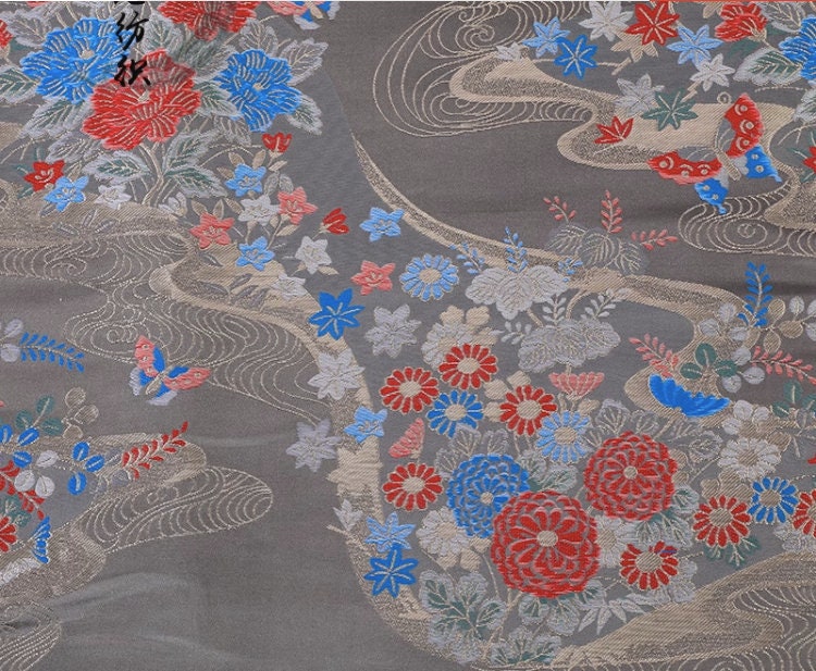 Nishijin Floral Jacquard Fabric: Japanese Silk Brocade, 59" Wide