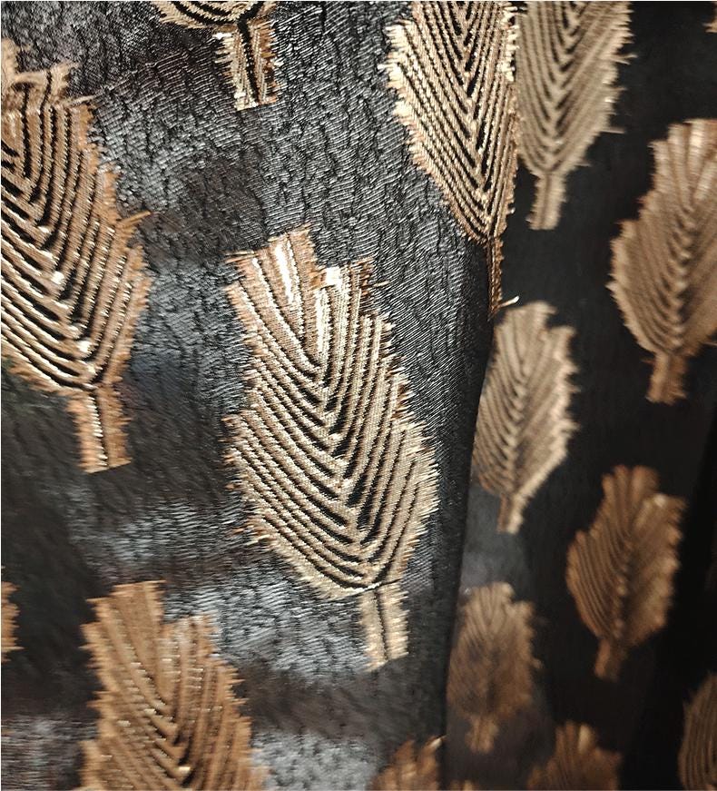 Black Jacquard Fabric: 3D Gold Thread Leaf Design, 59" Wide