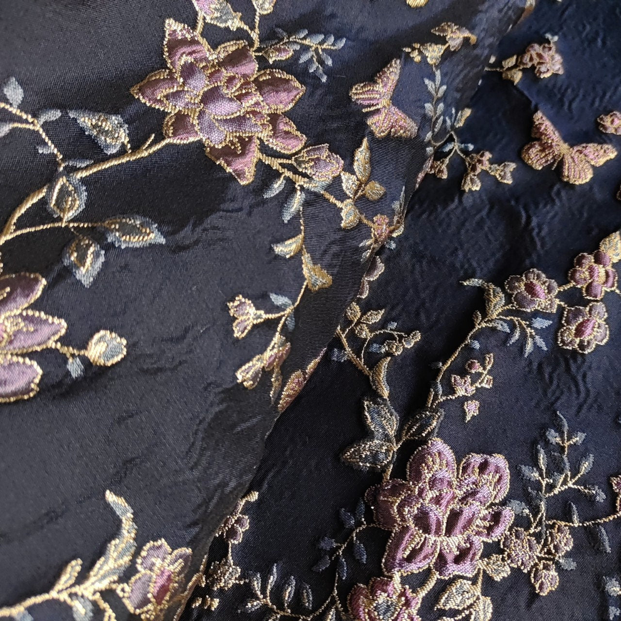 Gold Thread Jacquard Fabric: 3D Floral Butterfly Upholstery, 55"W