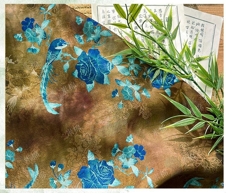 Floral Brocade Fabric ��� Blue Gold Rayon Silk Ble" Wide