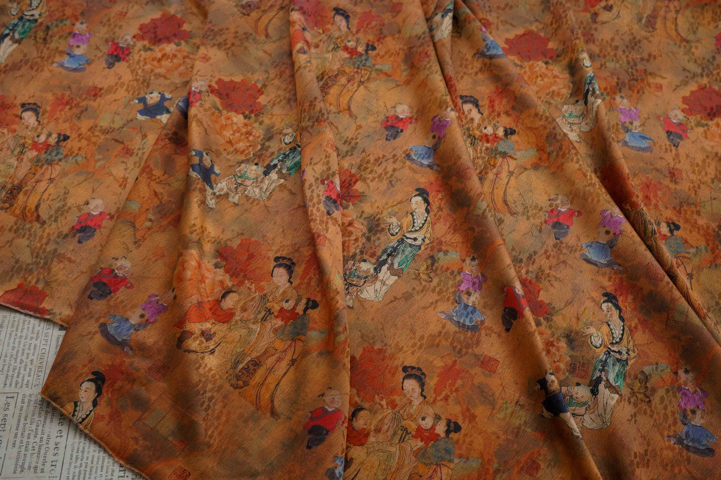 Ancient Family Tea Silk Satin Fabric: Digital Print, 59"W