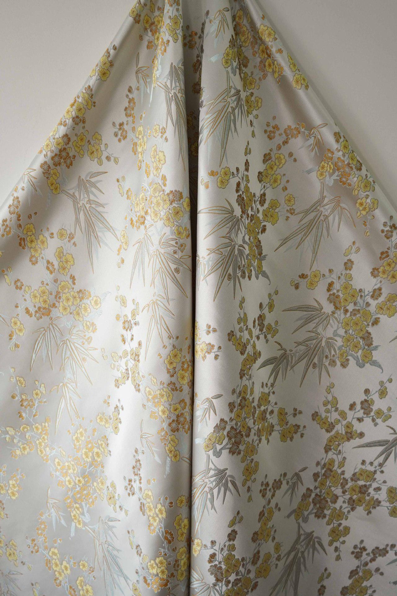 Silver Yellow Floral Brocade Fabric: 64" Rayon Blend, Costume Decor