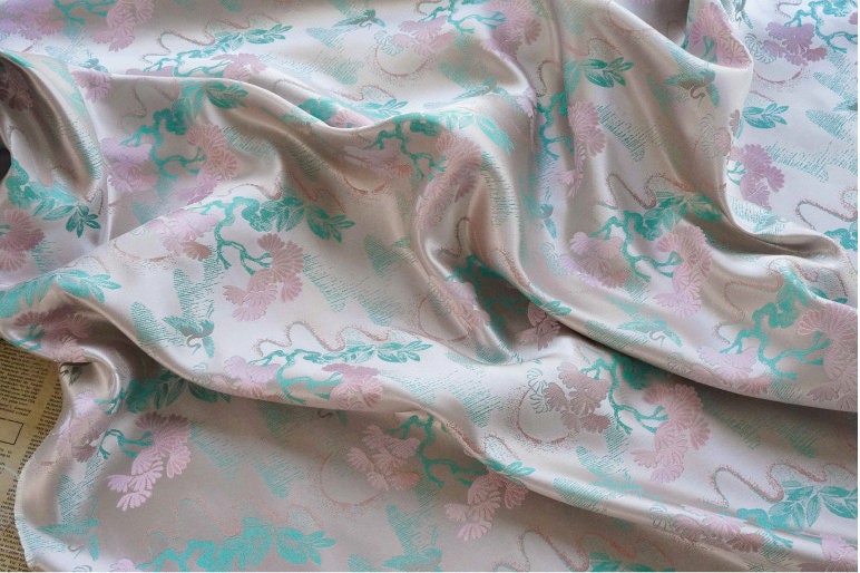 Beige Song Brocade Fabric: Wishful Crane Pattern Silk Rayon
