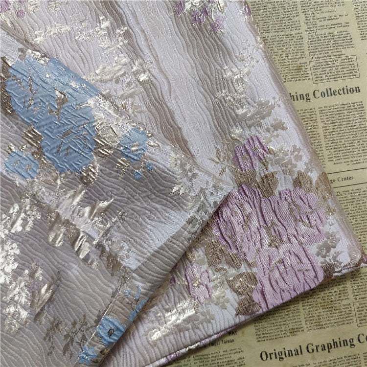 Floral Jacquard Fabric: 3D Gold Thread, 55" Wide - By The Meter