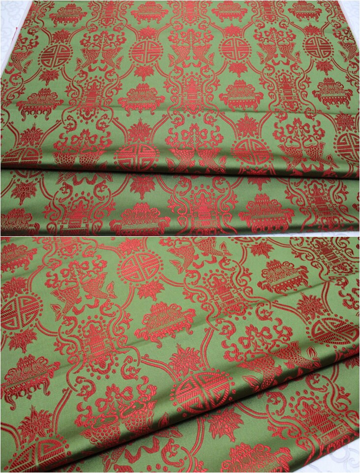 Brocart rouge chinois : motif double poisson Poissons