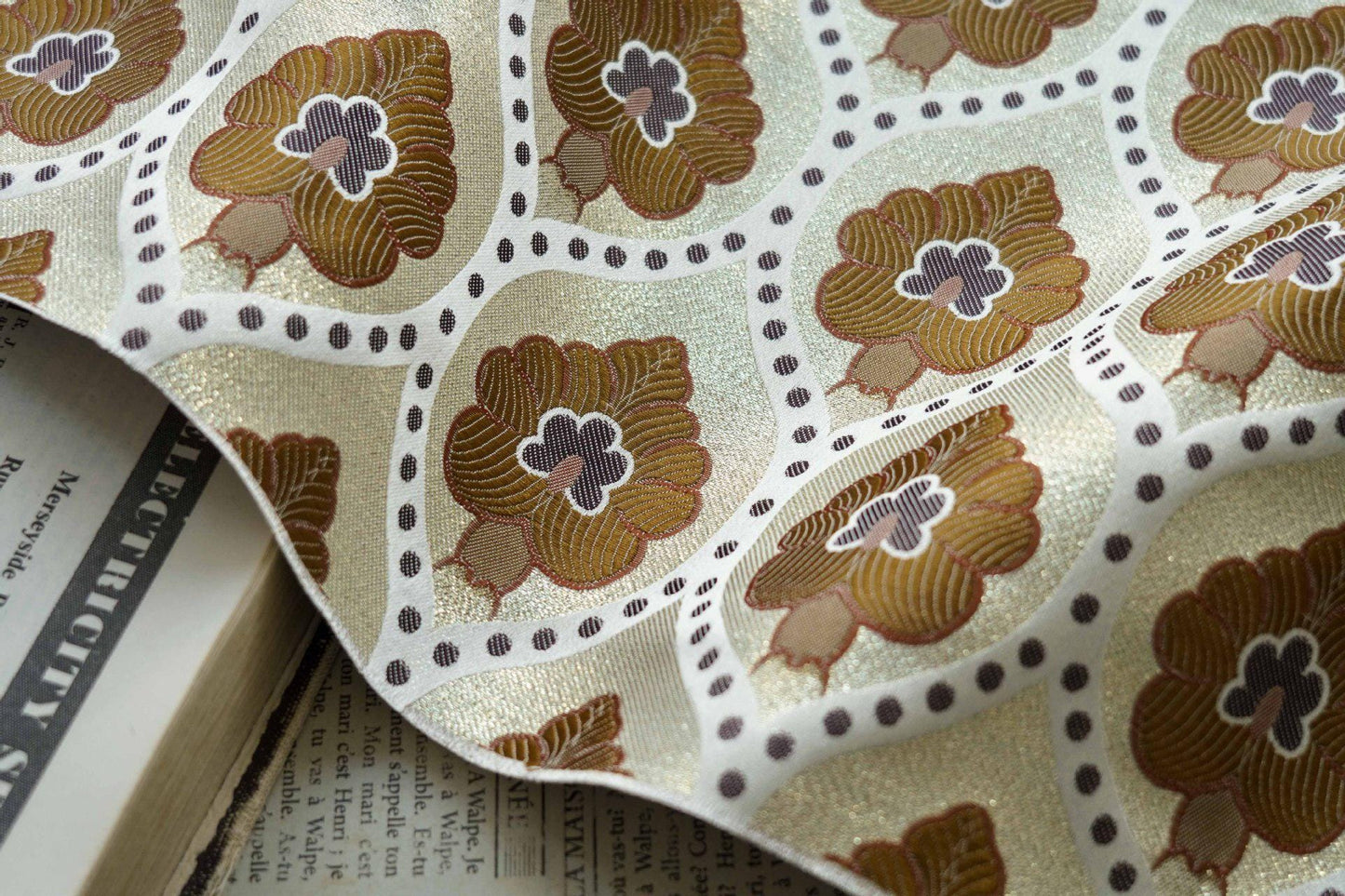 Vintage Gold Brocade Fabric: Geometric Floral Jacquard, 65"W Upholstery