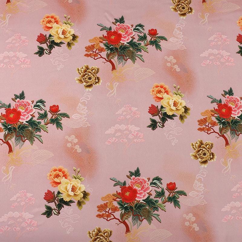 Tissu satiné brocart à motif floral | Motif Xiangyun chinois bleu et or, 150 cm de large