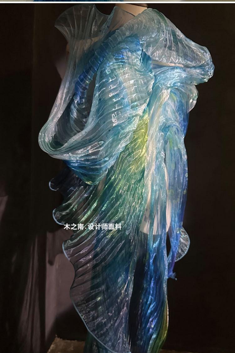 Smudged Sea Wave Organza Fabric: Accordion Pleated Laser Design, 55" Wide