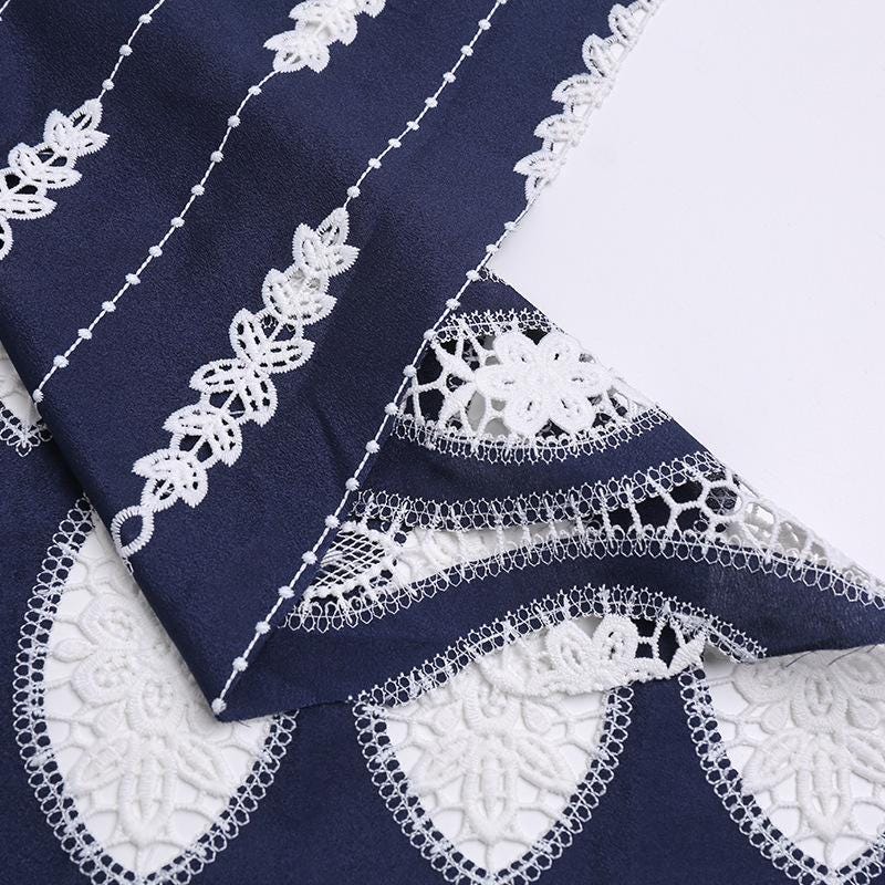 Japanese Embroidery Style Fabric: Navy Floral Polyester, 49" Wide