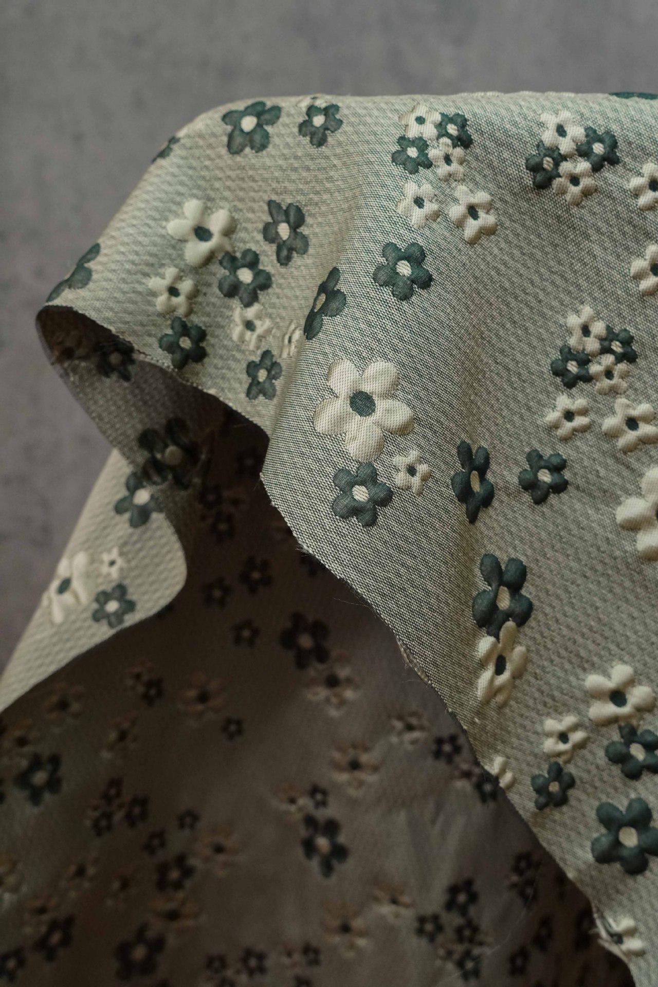 Green Grey Jacquard Fabric: 3D Flower Design, Upholstery & Costume