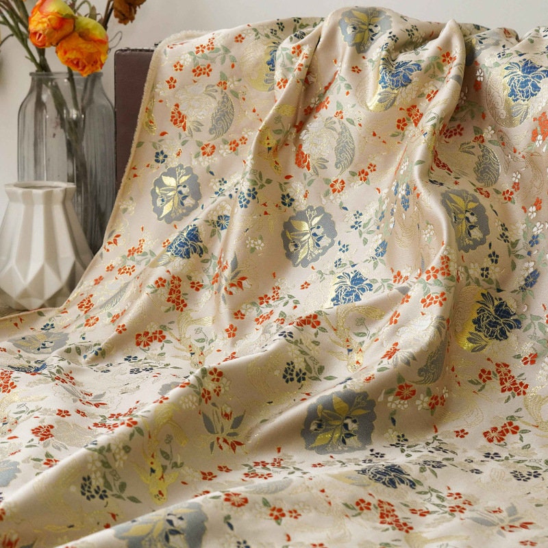 Nishijin Japanese Brocade Fabric: Goldfish Floral Jacquard, 59" Wide