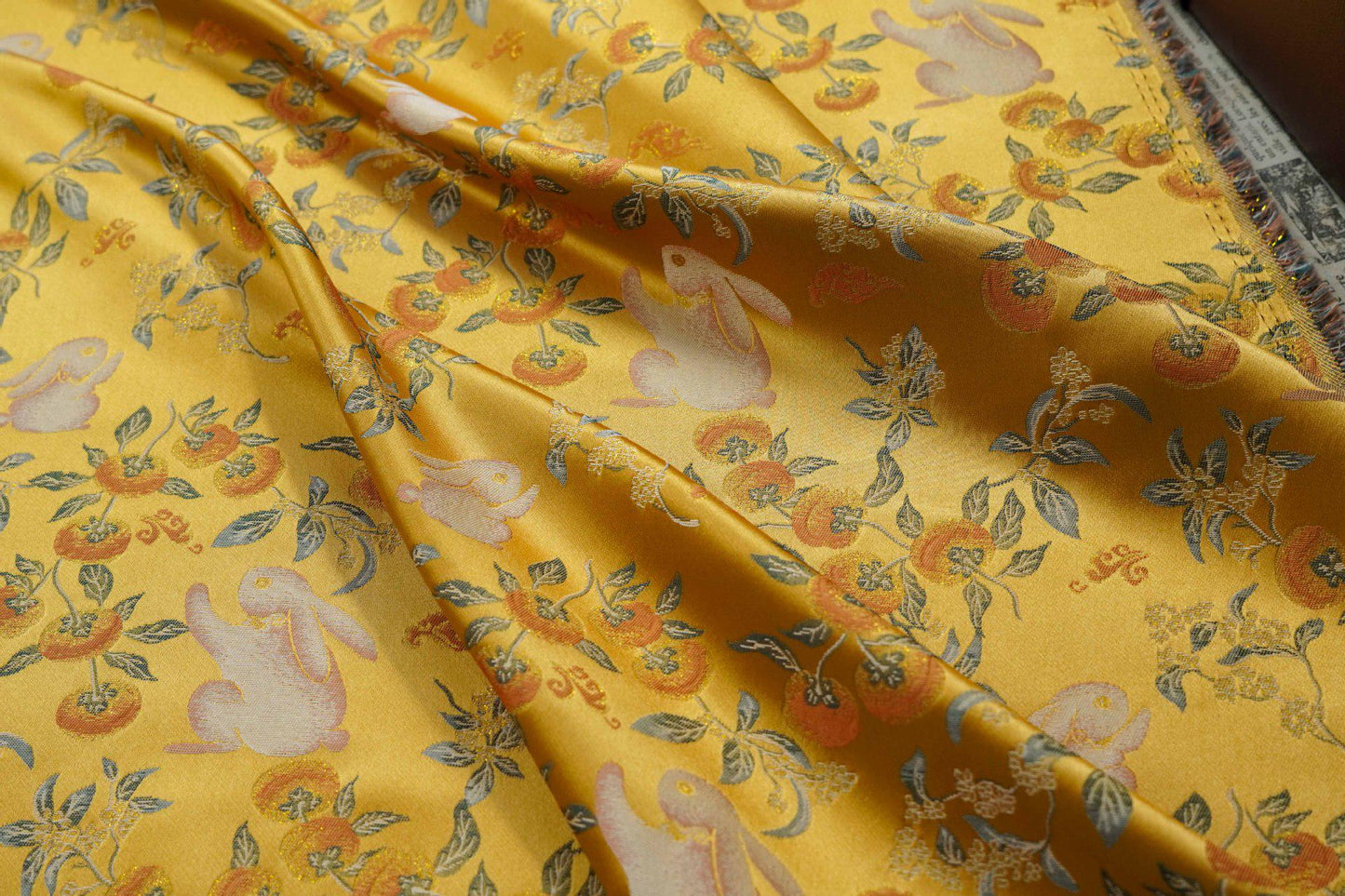 Floral Rabbit Brocade Fabric, Yellow Chinese Jacquard, 58" Wide - Poppylollipop