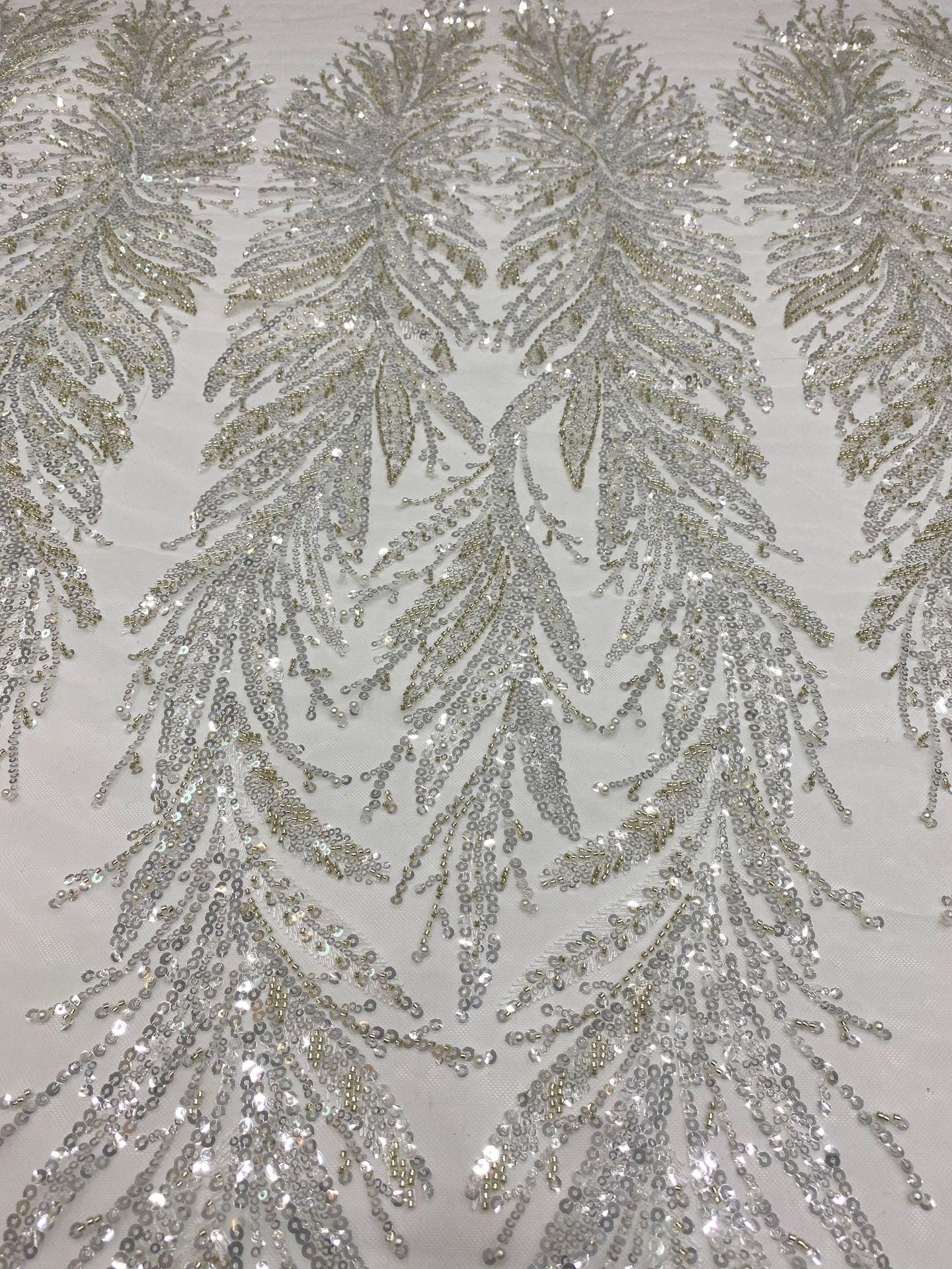 Crystal Embroidery Lace Fabric: Floral Applique Bridal Gown, 50" Wide