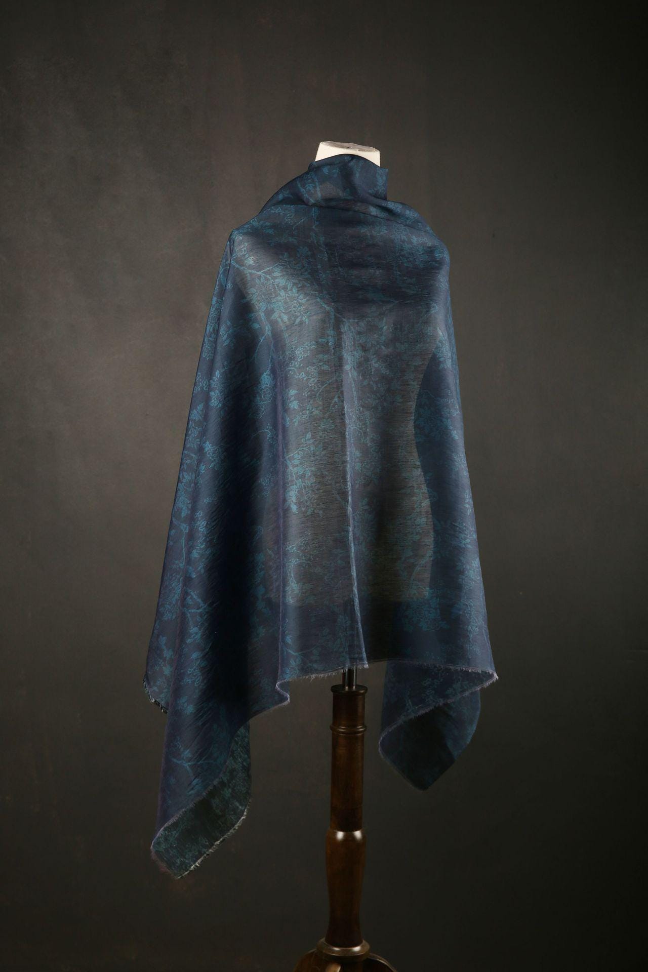 Dark Blue Floral Tencel Ramie Fabric: Sewing Material By Meter