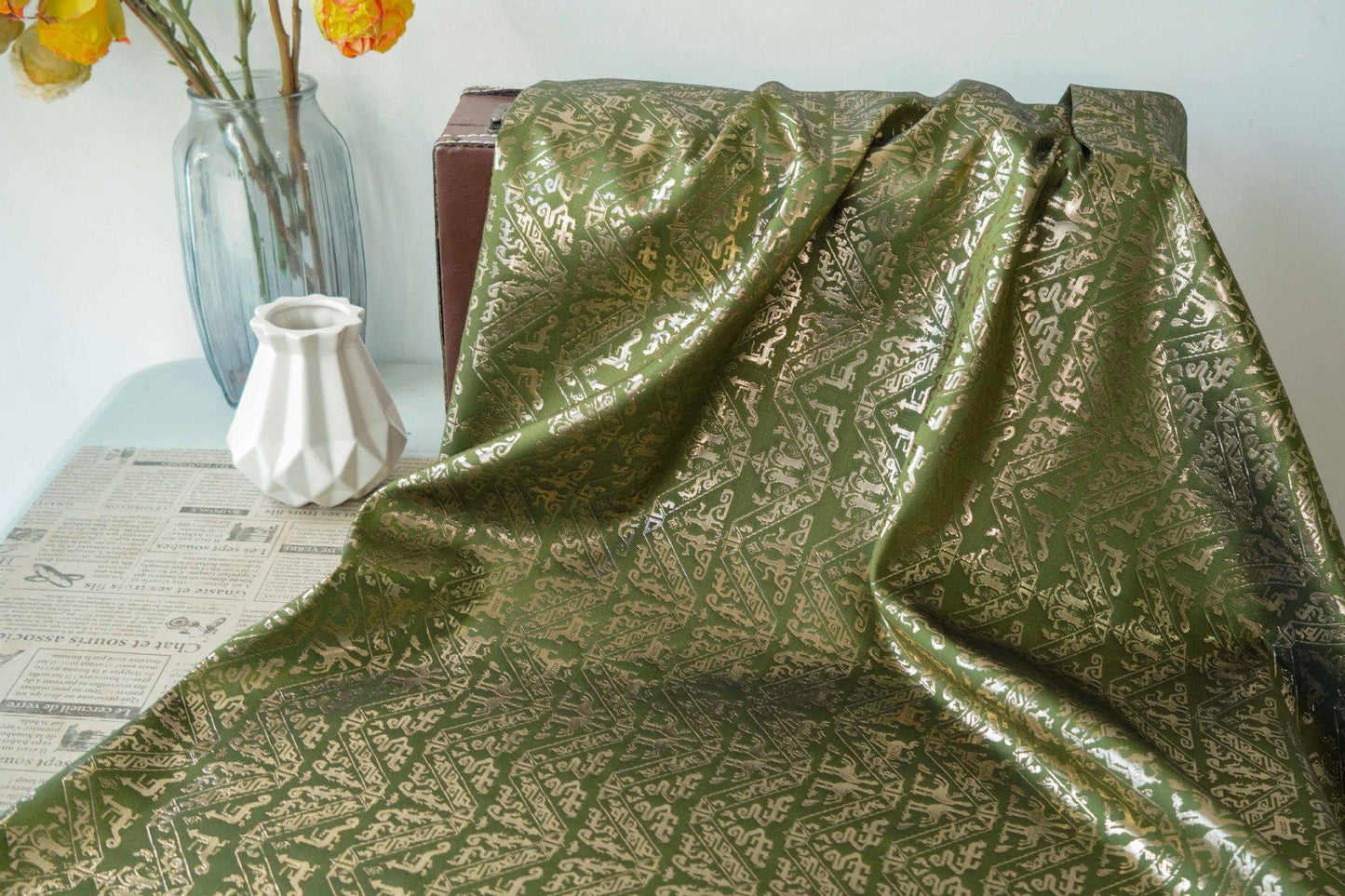Gold Weaving Jacquard Fabric: Ethnic Upholstery, Sewing, Costume - 59"W