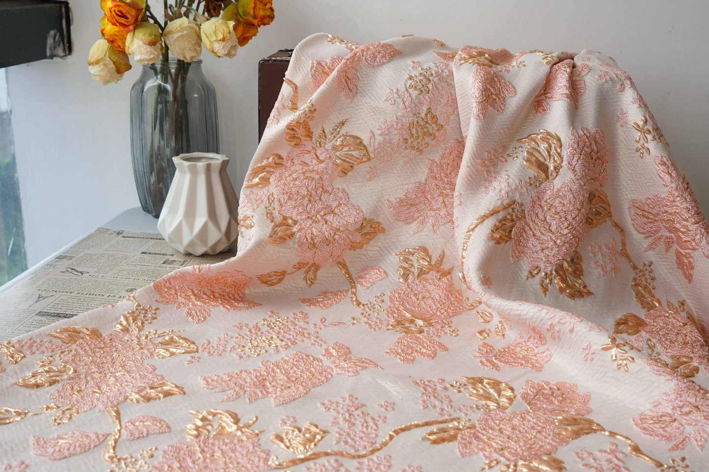 Gold Embossed Palace Jacquard Fabric: Damask Upholstery, Costume, Decor