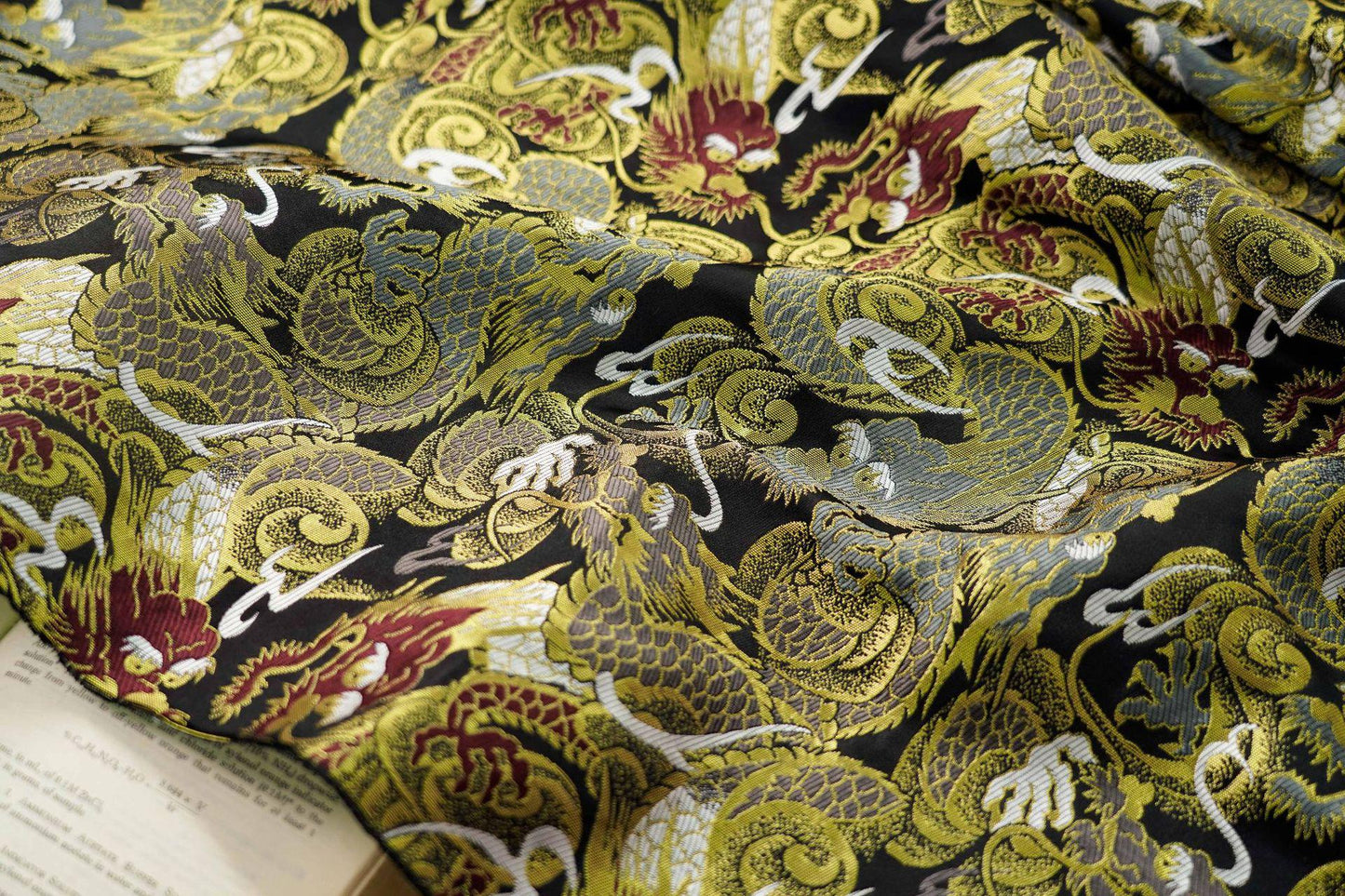 59"W Nishijin Chinese Dragon Brocade Fabric: Modern Jacquard Rayon Silk by Meter