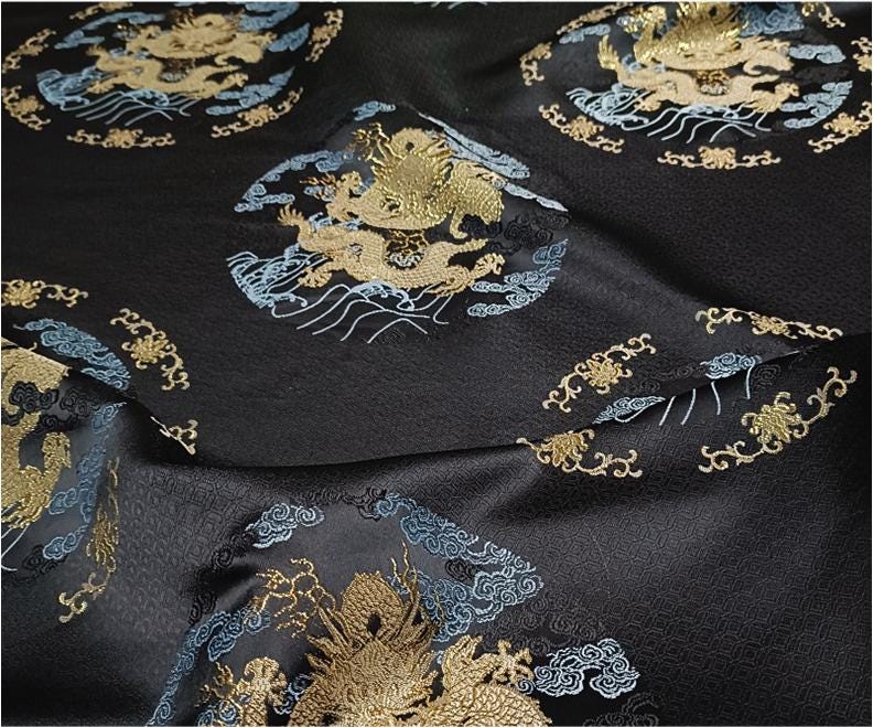 Dragon Brocade Fabric: Black & Gold Jacquard Blend, 55" Wide