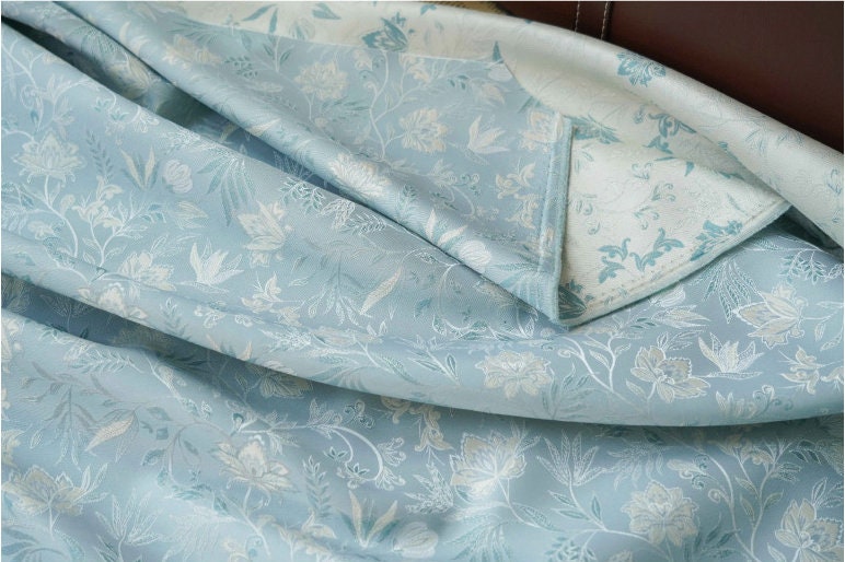 Azure Floral Jacquard Fabric: Reversible Light Blue Woven Upholstery, 64" Wide