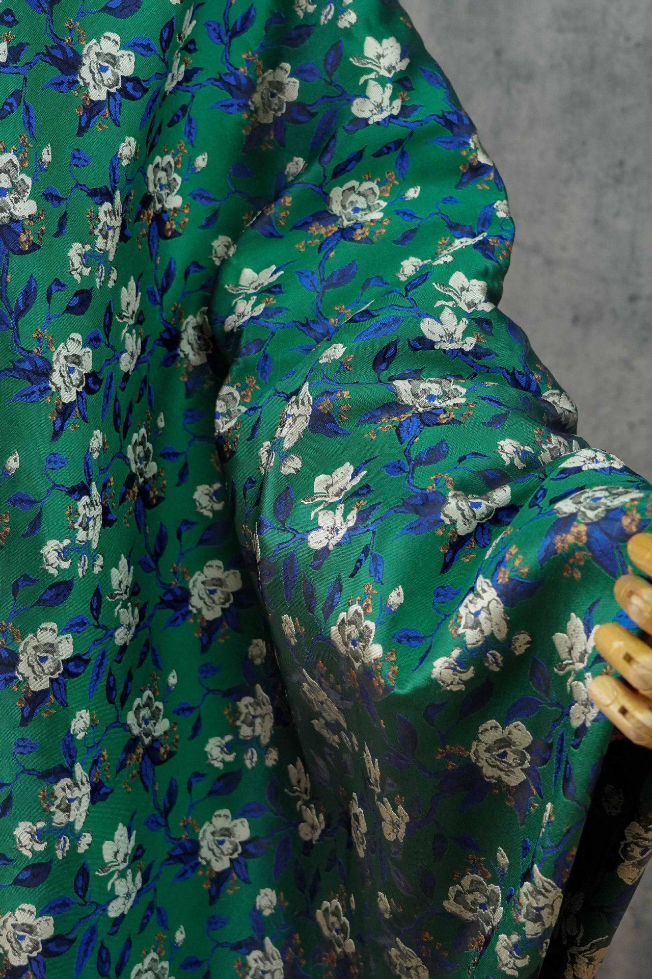 Green Camellia Jacquard Brocade Satin Fabric ��� Floral Textile for Dresses, Costumes & Home Dec"Wide