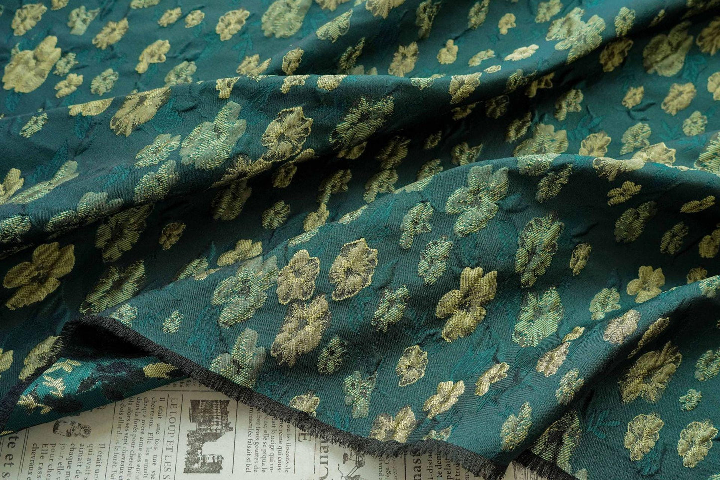 Green Floral Brocade Fabric: Embossed Jacquard Sewing Material, 57" Wide