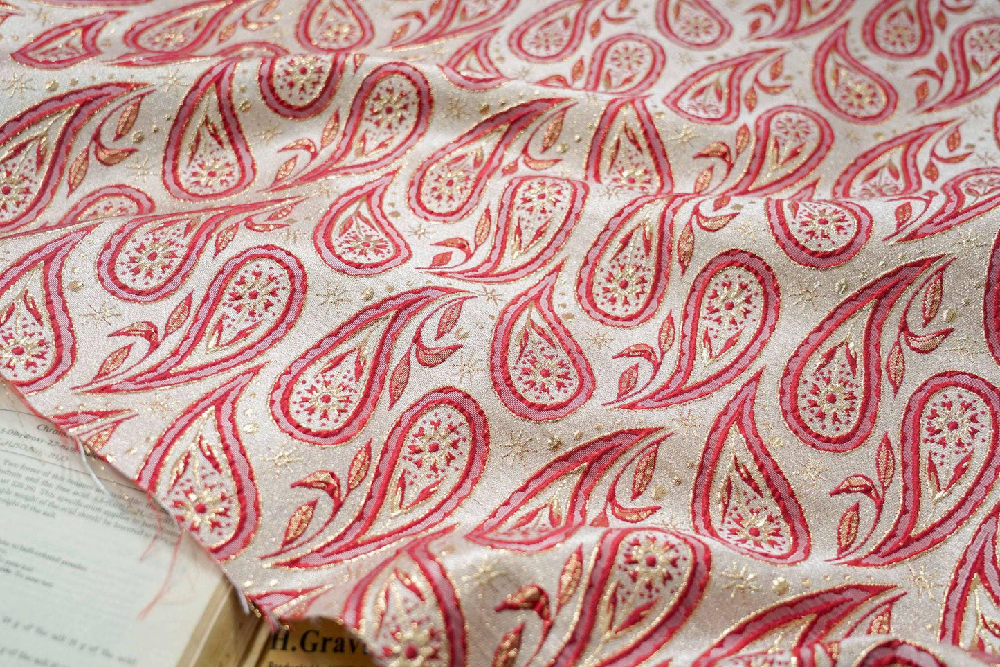 Gold Thread Jacquard Fabric: 3D Cashew Flower Upholstery, Sewing - 55"W
