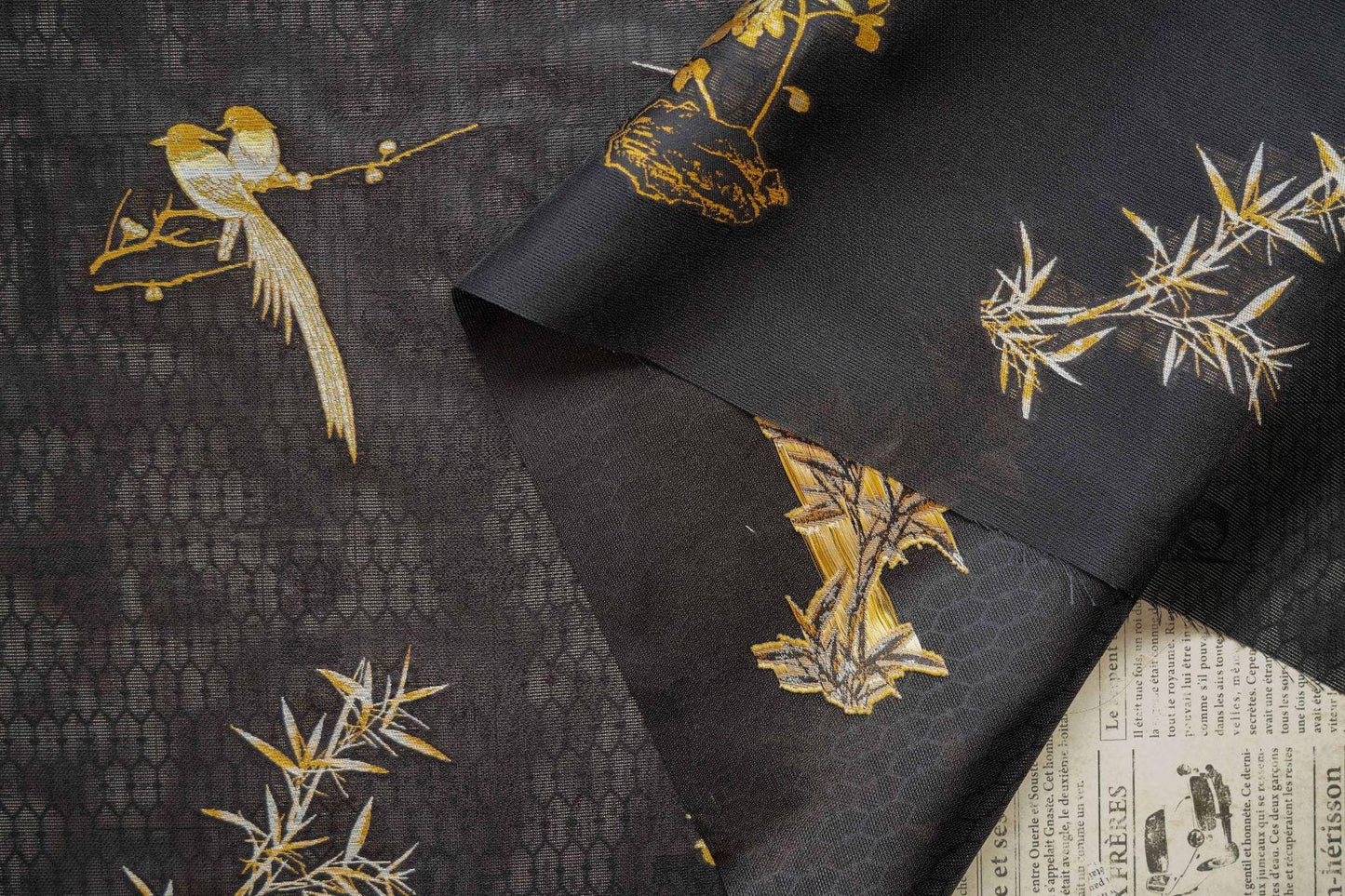 Bird & Bamboo Jacquard Fabric: Japanese Style Dress Fabric, 55"W
