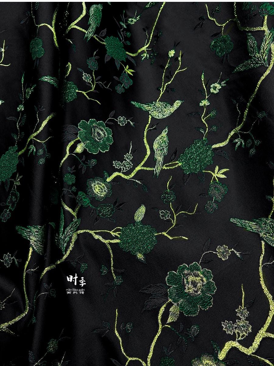 Black & Jade Green Brocade Fabric | 3D Textured Jacquard, 55" Wide